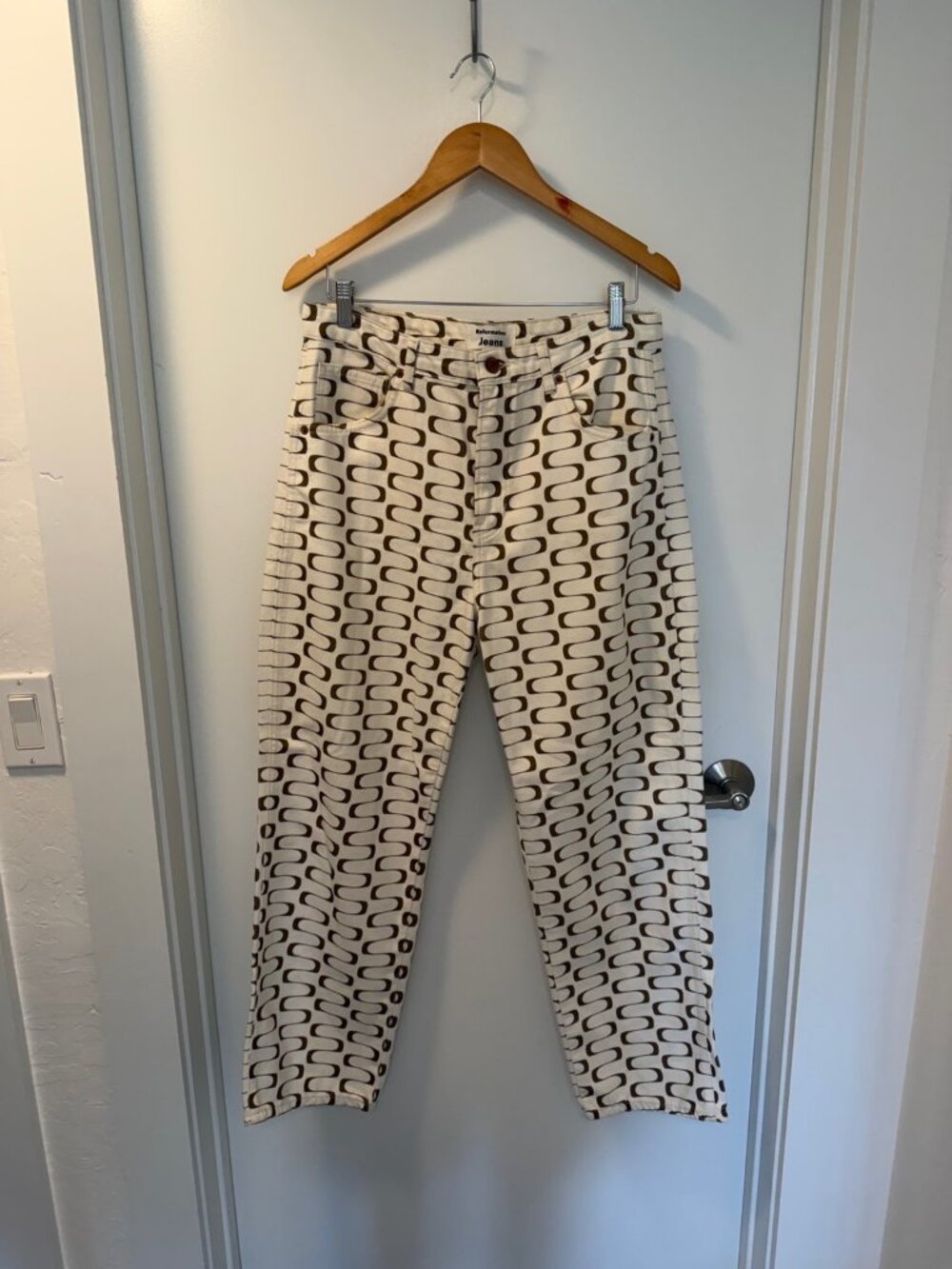 Reformation Cream & Brown Geometric High-Rise Straight Jeans 31
